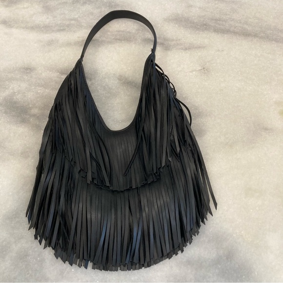 ZARA Black Faux Leather Fringe Shopper Hobo Handbag - Picture 3 of 11